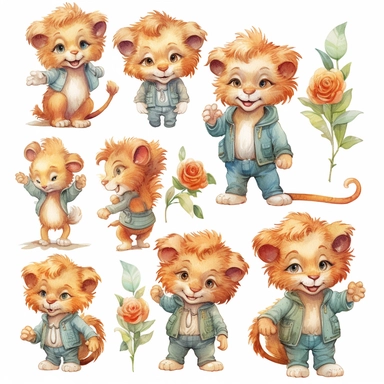 watercolor baby lion clipart, in the style of magali villeneuve, ultra detailed, gene luen yang, louis wain, dau al set, 1st version, lively illustrations, no watermark, text, words, paintbrush, typography, the images do not stick together