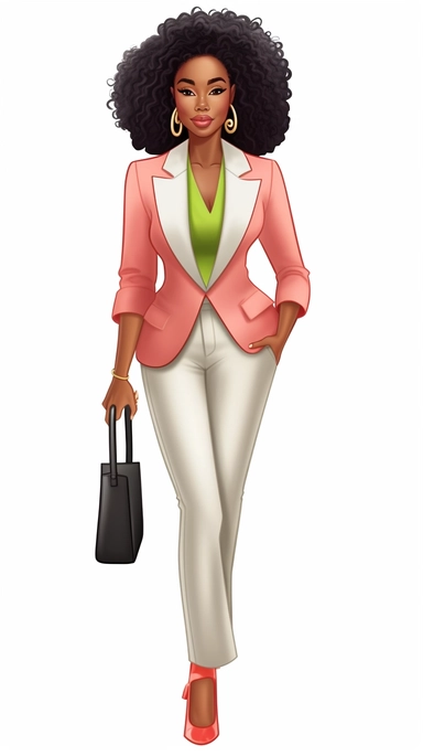 full body stylish African American woman clip art wearing salmon pink and apple green suit and heels, intricate braided hair, white background