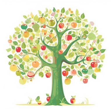 apple tree clipart, vector cartoon childish nursery illustration, flat illustration, pastel colors, white background, very low detail, ar 2:3