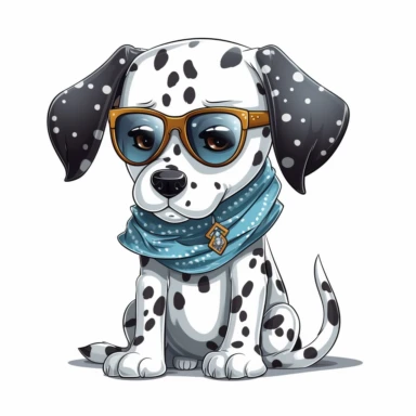 funny kawaii Dalmatian Puppy with Balenciaga sunglasses and cool bandana or necklaces, cute illustration, clipart, white backgound, Cuttable Design,full body