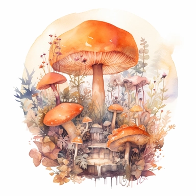 In this watercolor illustration, a mystical mushroom takes center stage, painted with vibrant hues and surrounded by delicate flowers and lush plants. The clipart design captures a magical scene, where fairies flit about in the air, their ethereal forms highlighted against a watercolor backdrop. The white background provides a stark contrast to the dominant orange color scheme, enhancing the enchanting atmosphere of the artwork. The intricate details of the flora and the playful presence of the 