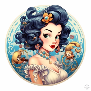 design tattoed junko mizuno, disney films,paint style, pin up 50's style,clipart,white background