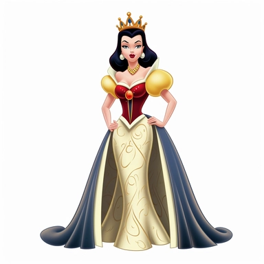 FULL-BODY PERSPECTIVE OF A 2D DISNEY CLIPART ILLUSTRATION OF A BEAUTIFUL AND BENEVOLENT QUEEN, WHITE BACKGROUND, STYLE OF DISNEY'S 1937 MOVIE SNOW WHITE, WHITE BACKGROUND