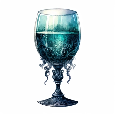 watercolour Victorian Gothic fancy wine glass, dark Gloomy shades of aqua blue mysterious, fantasy, highly detailed, 32k, isoplated on a white background, clipart
