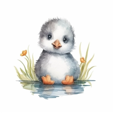 a Cute Happy Baby Penguin in the style of Watercolor Kate Greenaway Clipart, White Background