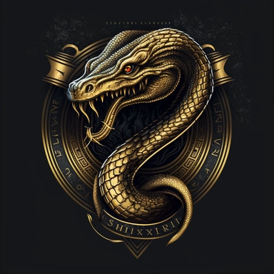 snake logo clipart, logo, snake head, heraldic, logotype, clipart, golden, gold material, front, detailed, dark background, golden chrome, exiting
