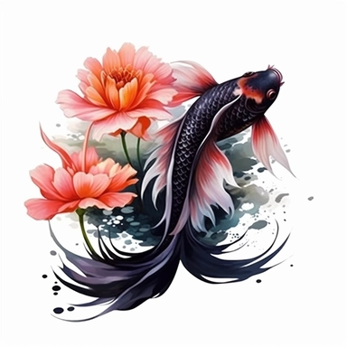 beautiful japanese a koi fish in dark pond, lotus flower and leaves, watercolor style, Sublimation Clipart,hyper realistic, intricate detail, illustration style,high solution,on the white background