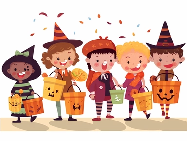 Clipart of children in various costumes going door to door for trick or treating, with bags full of candy.