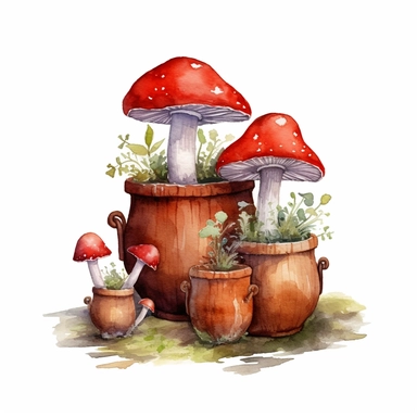 picturesque garden scene, clay pots filled with red cap mushrooms, clipart on white background, watercolor style, autumn vibes, super high detail high quality 16k HD, painted by Beatrix Potter