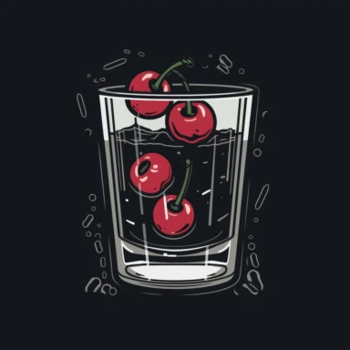 one shot glass with only 4 cherries inside and ice cubes, illustration, logo, simple design, shirt logo, stencil, clip art