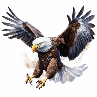 Visualize an energetic clipart featuring a soaring bald eagle, with its wings outstretched, against a crisp white background, embodying the spirit of freedom on the 4th of July. ,clipart, white background