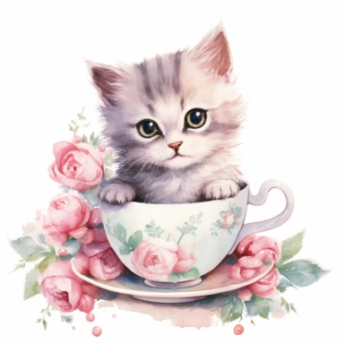 cute little kitten and vintage roses arranged in a vintage teacup, pink pastel colors, light watercolor, few details, dreamy, Studio Ghibli, clipart, white background
