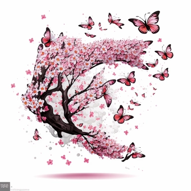 clipart of a whimsical scene of a butterfly gracefully flying amidst a cluster of pink cherry blossoms, capturing the beauty of spring, white background,vector illustration,fantasy,