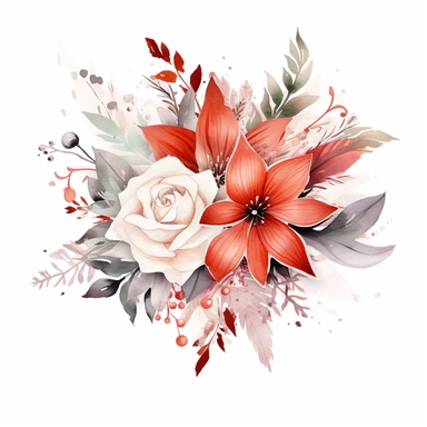 one watercolor wedding bouquet clipart on a white background, in the style of light red and white, intricate floral arrangements, white and bronze, intricate embellishments, sterling silver highlights, bold traditional, blurry details , no watermark, text, 300 DPI , typography, shapes do not stick together, no text in the picture, on a white background