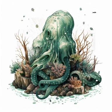 emerald illustration of a double exposure octopus & coral reef drawn with stones, clipart