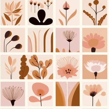 pink and brown flower clipart set, in the style of victor pasmore, light orange and light pink, free brushwork, henri rousseau, stencils, mural-like compositions, elsa beskow