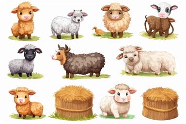 hd clipart, hay bales, child farm animal theme, cartoon style, white background, fully detailed,