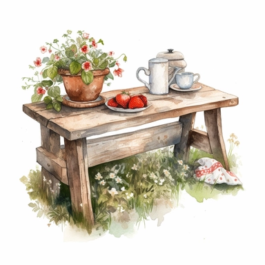 watercolor, hyper realistic, white background, white margins, 16k, ultra detailed clipart, cut out image, hand-drawn, whimsical, sticker style a cozy garden space with a wooden bench, a coffee table, and a rug on the grass. A pot of tea and a bowl of strawberries sit on the table, and a vase of flowers decorates the bench. The color theme is warm oranges and browns, with green foliage and pink flowers.