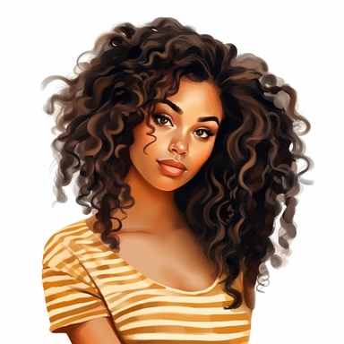 Pretty modern black woman with long curly hair posing clipart, wide shot, white background