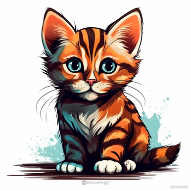 An adorable clipart design of a cute kitten with a cool and charismatic personality. The kitten is illustrated with a confident and strong appearance, showcasing its impressive physical attributes. The style of the artwork is cute and playful, with bold and vibrant colors that pop against the white background. The contour lines add depth and dimension to the image, making it a standout clipart design
