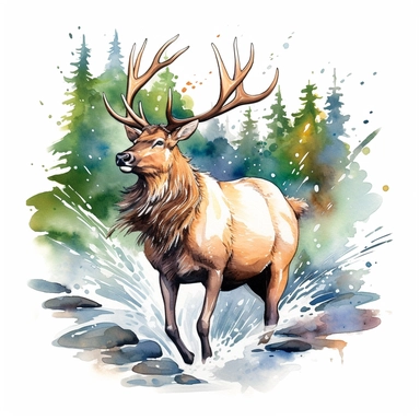 a delightful watercolor clipart image with a white background and vibrant colors, portraying a cute elk playfully leaping over a flowing stream, with a gleeful expression on its face. The ultra-detailed, hand-drawn elements capture the joy and energy of the elk. Use shades of brown, green, and blue to create a visually appealing and lively image that conveys the spirit and liveliness of the elk in its natural environment.