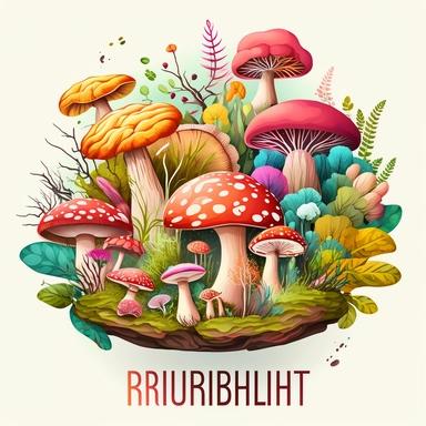 Create a radiant and colorful high fidelity digital clipart art piece (PNG) featuring a diverse mushroom habitat set against a white background, without any text or words. The artwork should showcase the biodiversity of the fungi and their surrounding ecosystem, including mushrooms with smooth and round tops where needed. The overall style should be highly detailed and true-to-life.