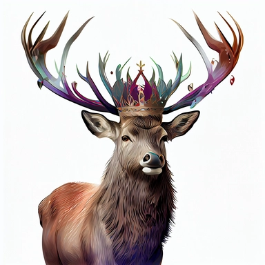 Colorful art of a deer with a crown, clip art, no shadow, white background, hd hdhd, 8k, sharp,