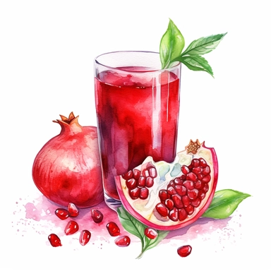watercolor clipart juice red pomegranate on a white background, in the style of illustrated advertisements, dark turquoise and light magenta, realistic portrait drawings, grocery art, instax film, creative commons attribution, storybook illustrations, no watermark, 300 DPI, typography, the images do not stick together, no text in the picture, there are no words in the tree