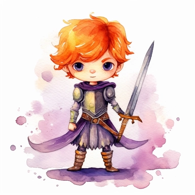 Clipart of a cute little BOY brave happy warrior. She is red headed with green eyes. The background is watercolour. Cute and modern knight outfit. full body. wearing black and purple