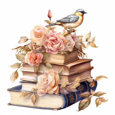 small stack of thick fairy book intricate details, venetian in watercolor style, wedding, wedding flowers, rose and gold, cottage clipart, ethereal bohemeian, waxwing bird, ,detailed illustration hd, on white background ar 3:2 s 1000