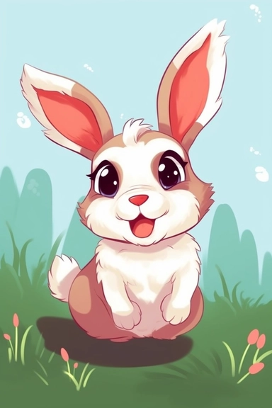 happy running rabbit, laying in grass, for children, vector style, 2D, clipart style, flat, comic book, cartoon character