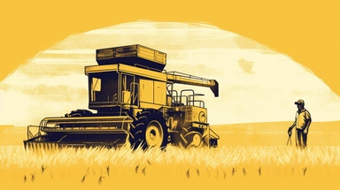in clipart style, pen and ink, minimalist, in the style of Eric Carle, You are observing a farmer driving his combine through a vast, golden wheat field. The machine is huge, with towering wheels and a long, snaking arm that reaches out to collect the crops. The farmer sits high in the cabin, surrounded by dusty, sun-bleached equipment and a tangle of cables and levers. As he drives, the wheat stalks fall before him like a great, rustling tide, and a cloud of chaff and dust rises up behind him.