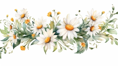 Watercolor Daisy flower clipart. Chamomile floral border, bouquets, wreath. Wildflowers for wedding invitations and greeting cards. Watercolour illustration. Rustic flower