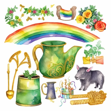 a set of St. Patrick's Day clipart, featuring elements leprechaun hats, shamrocks, pots of gold, rainbows, horseshoes, and Celtic knots, watercolor clipart on white background, high resolution, outline, clip art