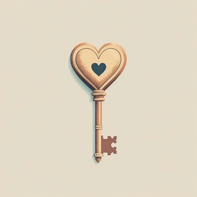 A minimalist, cute vintage key design with a heart shape, designed as high-resolution clipart with a white background