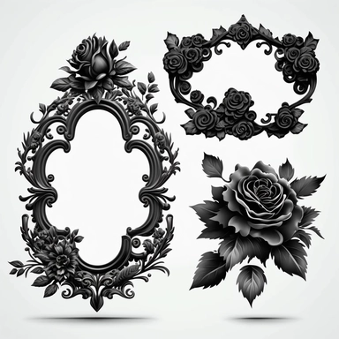 isolated image on white background, Ornate Black Rose Frames Clipart, vintage antique royal frames with decorative Gothic Baroque scrolls