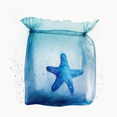 watercolour handmade clipart of a blue transparent plastic bag in the ocean, starfish in it, save the ocean concept