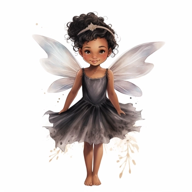 magical black little girl, fairy wings, clipart, disney style, watercolor, white background