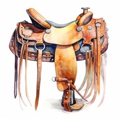 Western saddle without horse, watercolor, clipart, illustration, white background, digital painting, paper crafting, no signature, no text