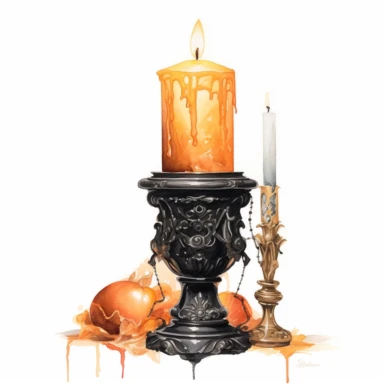 A beautifully painted candle on witch's altar, hues of captivating orange, yellow and black, stunningly beautiful, refined and sophisticated, Hand drawn, Roberto Ferri, Clipart, watercolor, white background, intricate detail