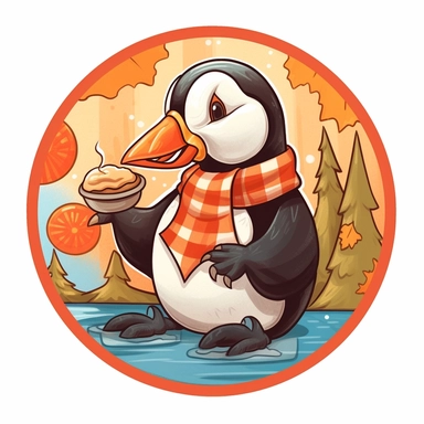 Depicting an Atlantic puffin enjoying a maple syrup-themed picnic. The design should combine the puffin's charm with Canadian culinary traditions. The artwork can feature the puffin holding a pancake and a bottle of maple syrup, with a cheerful expression on its face.r, that can be used as a sticker, colorful, highly detailed, white background, style of pixar clipart, white background,--no cut off edges