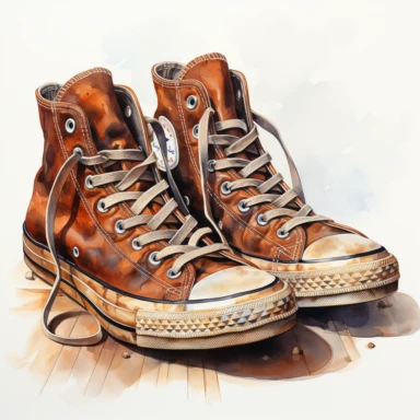 hand drawn , watercolor, hyper realistic, white background, white margins, 16k, ultra detailed clipart, cut out image, hand-drawn, ultra HD, sharp and clean art , a black pair of vintage old worn sneakers 1940 -1950 era , capturing the romantic and feminine aesthetics often associated with vintage fashion and travel, Clipart
