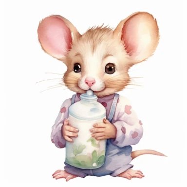 a cute baby mice holding a feeding bottle with milk, watercolor, detailed, hd, clipart