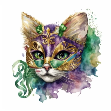 mardi gras kitten detailed watercolor illustration, clip art, cartoon, 8k-- ar 2:3