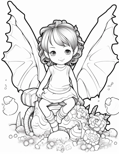 clipart of a little girl coloring page with a dragon, and butterflies, in the style of gothic realism, chinapunk, elaborate borders, furry art, tinycore