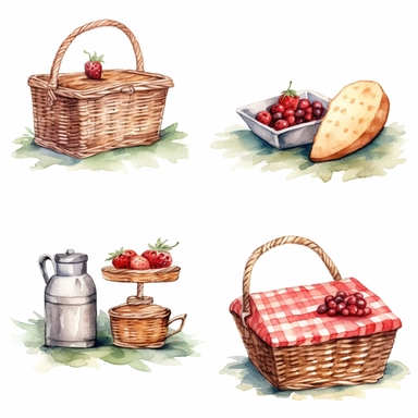 watercolor A clip art 4 set of images featuring a with a picnic setting with a raspberries in a basket on a picnic blanket isolated white background, minimalist, 8K