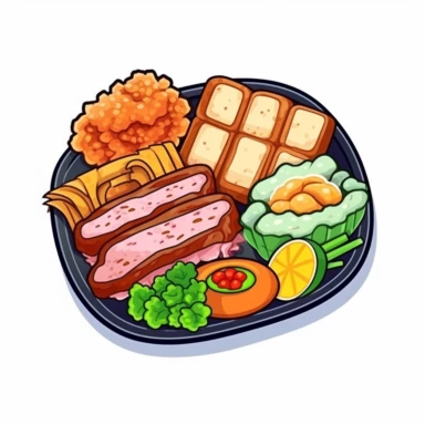 japanese meat meal, kawaii colors, clipart sticker on white background
