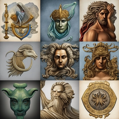 Create a collection of lifelike clipart images depicting gods and symbols from mythology. Use a digital art medium to render these images with realistic textures and details. Emulate the style of classic illustrations found in ancient manuscripts and tapestries. Ensure that each god or symbol is represented in a visually striking and accurate manner, capturing their distinct characteristics and attributes.