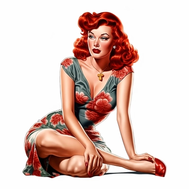 pin up clip art, full body, posing, red hair, white background, Betty Page style, PNG Clipart, Illustration clipart, 4K, extremely detailed