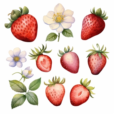 Strawberries watercolor clipart, white background, neutral muted colors, high quality, hyperrealistic, detailed, red, blue, white, picnic